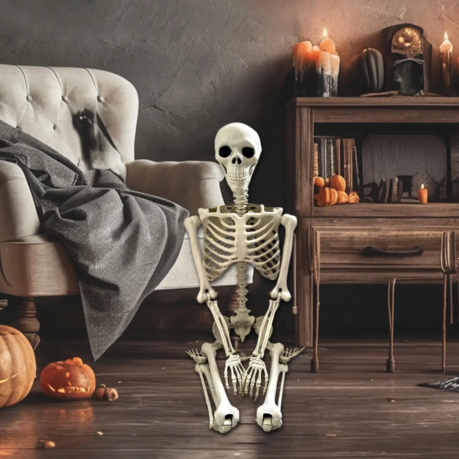 Halloween Skeleton Life Size Human Skeleton with Posable Joints Weather-Resistant Garden Decor Spooky Photo Props for Holiday