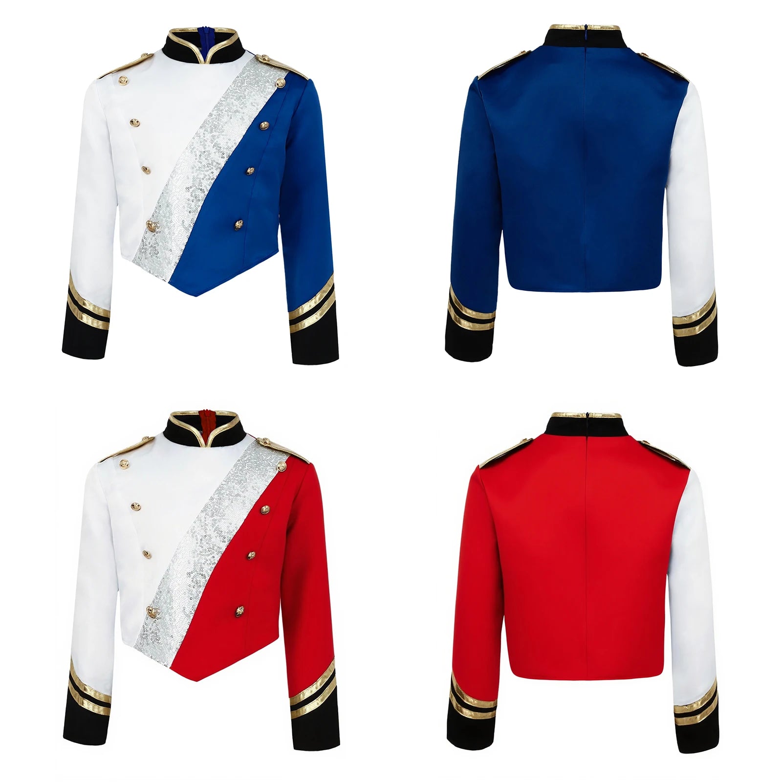 Kids Boys Marching Band Costume Halloween Tops Uniform Metallic Gloss Sequins Mock Neck Coat Long Sleeve Epaulets Buttons Jacket