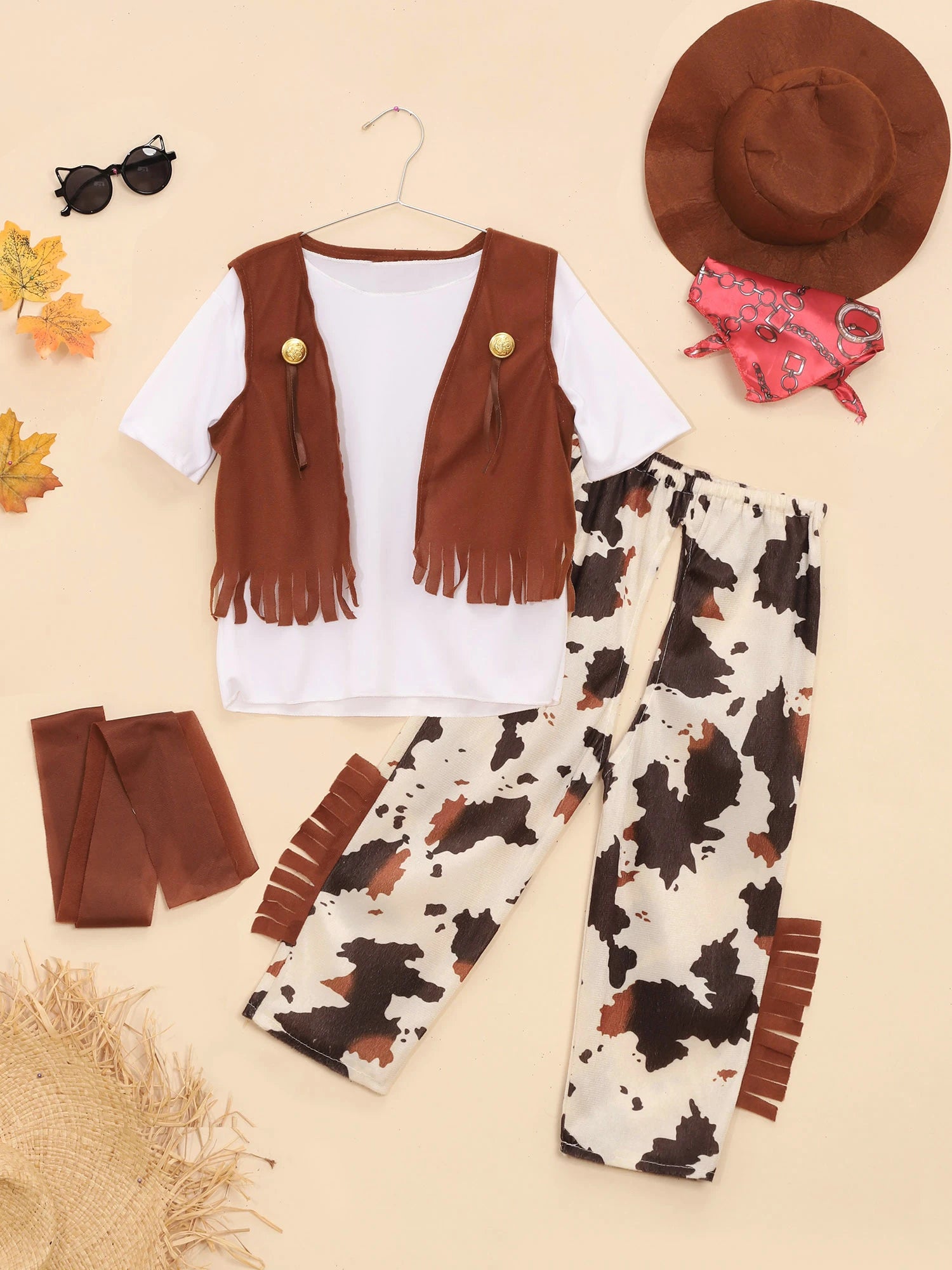 Kids Boys Halloween Western Cowboy Cosplay Costume Short Sleeve T-shirt with Pants Vest Hat Bandana Belt Set for Carnival Party