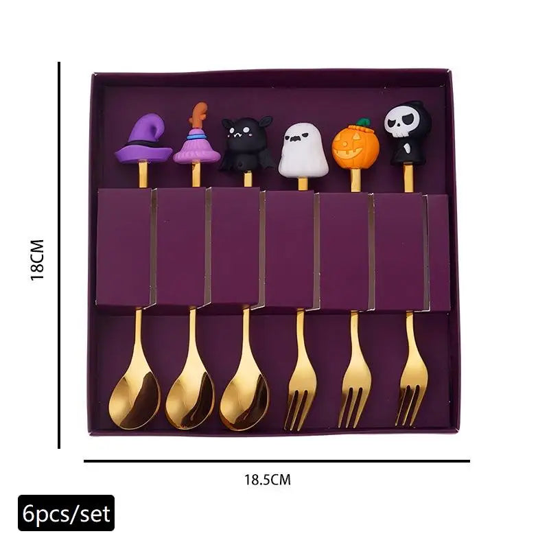 Halloween Tableware Stainless Steel Coffee Spoon Halloween Dessert Spoon Fruit Fork Theme Party Tableware Set
