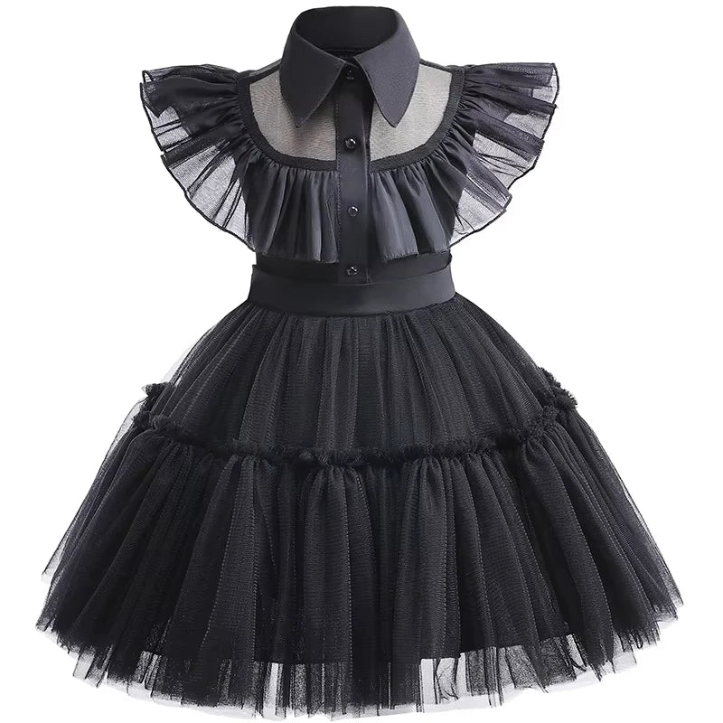 Halloween Wednesday Girls Cosplay Costume Hollow Ballet Tutu Party Dance Children Princess Dress Carnival Fashion Black Dress