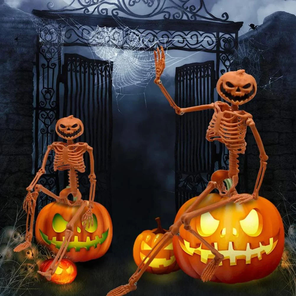 Halloween Pumpkin Skull Human Skeleton 15/35 Inch Stayable Posable Skeletons Skeleton Figurine for Haunted House Party Decor