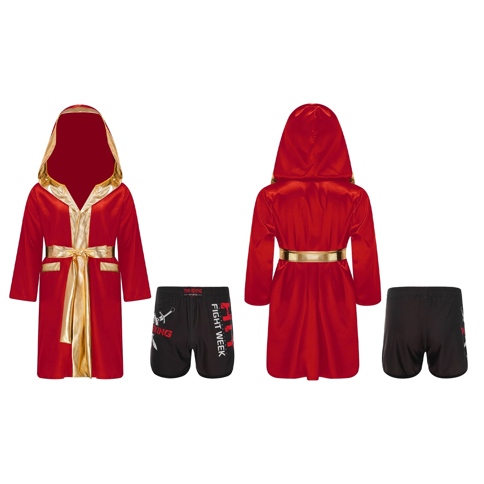 Boys Boxing Robe Outfit Halloween Theme Party Boxer Cosplay Costume Long Sleeve Metallic Satin Hooded Cloak with Belt Shorts