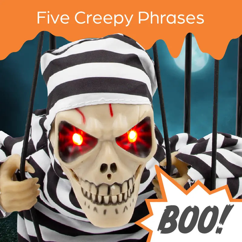 Halloween skeleton figure with glowing red eyes and striped hood, with text 'Five Creepy Phrases' and 'BOO!' on an orange and blue background.