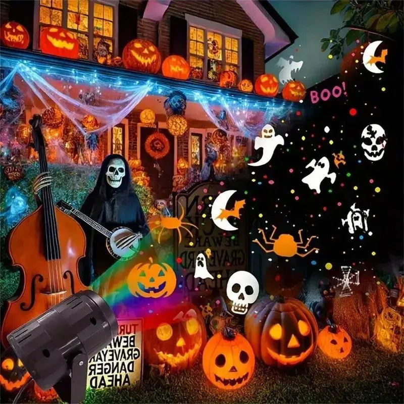 Halloween LED Projector Light – Ghost & Pumpkin Patterns, Perfect for Indoor/Outdoor Halloween Party Decoration and Ambient Room Lighting.